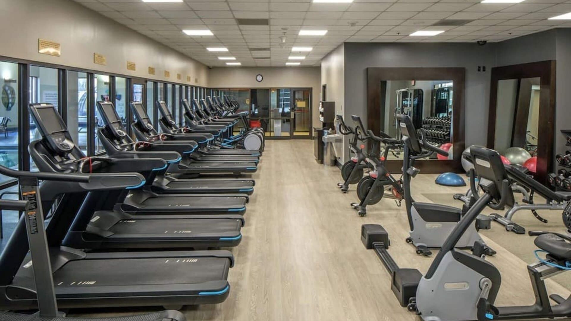 Fully equipped fitness center at Hilton Minneapolis.
