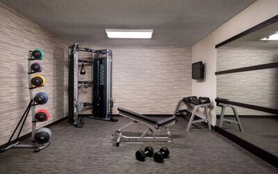 Sonesta Select Charlotte University Research Park’s fitness center is equipped with free weights, a bench, wall-mounted TV, and gym balls.