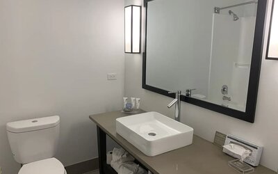 Guest bathroom with shower at Country Inn & Suites By Radisson, Chicago O'Hare South.