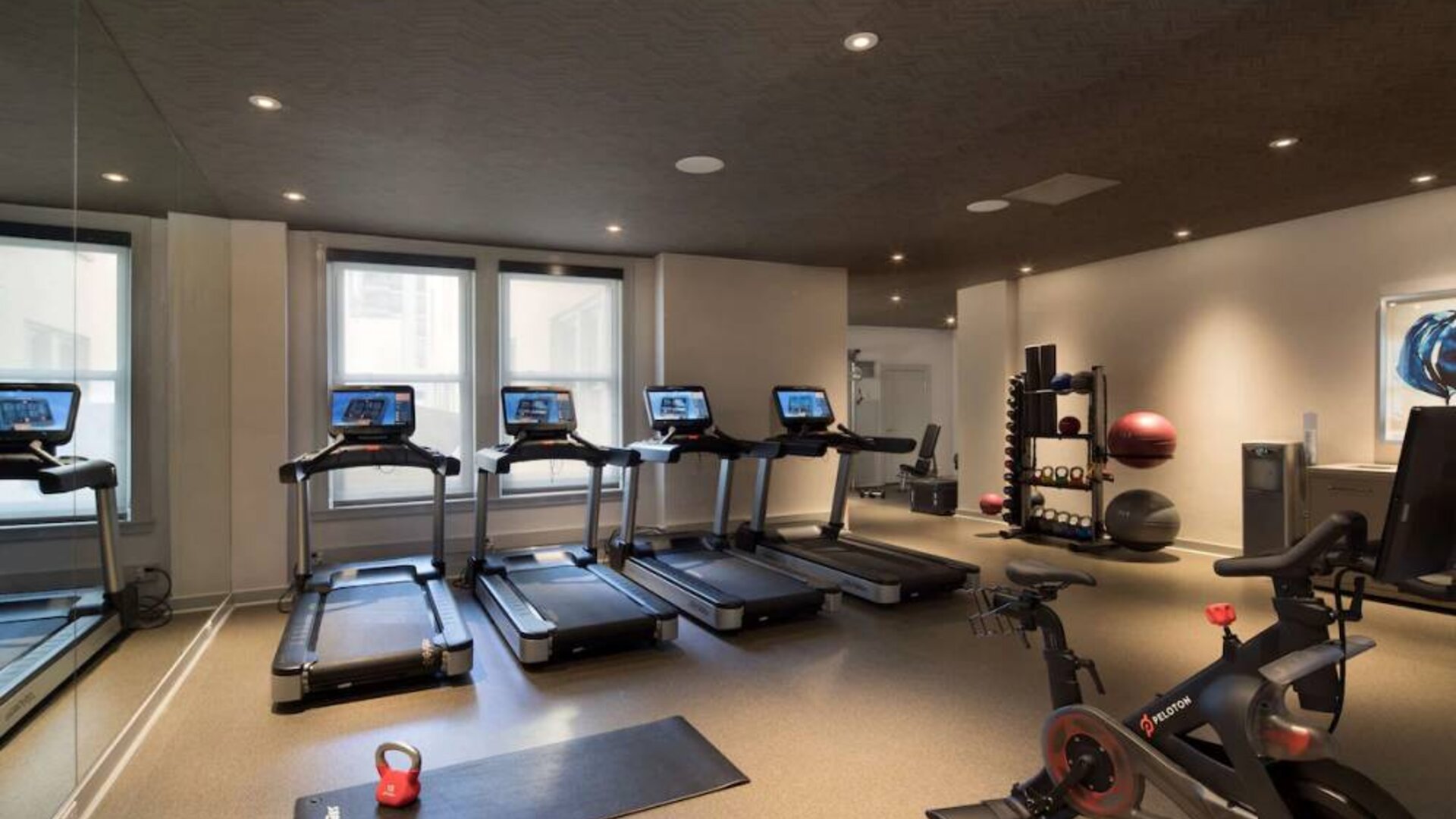 The Clift Royal Sonesta’s fitness center has numerous exercise machines and free weights, including kettlebells.