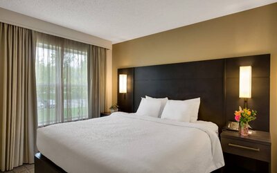Double bed guest room in Sonesta ES Suites Parsippany Morris Plains, with bedside lighting and a large window.