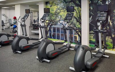 The fitness center in Royal Sonesta New Orleans is equipped with an assortment of exercise machines, and large images of greenery on the walls.