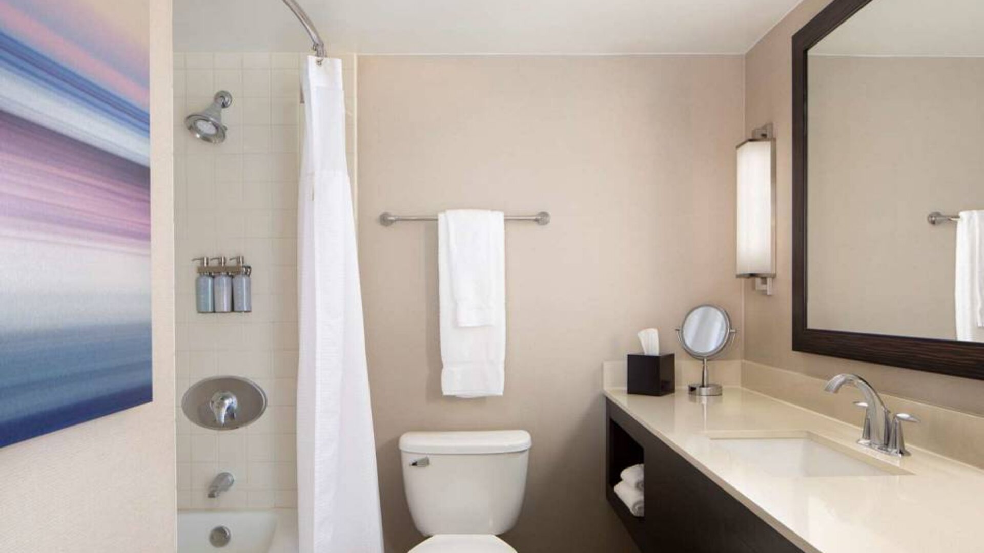Guest bathroom in Sonesta San Jose, featuring bath with a shower, lavatory, and window and sink.