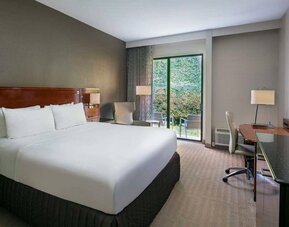 Double bed guest room in Sonesta Charlotte Executive Park, with armchair, mirror, and workspace desk and chair.