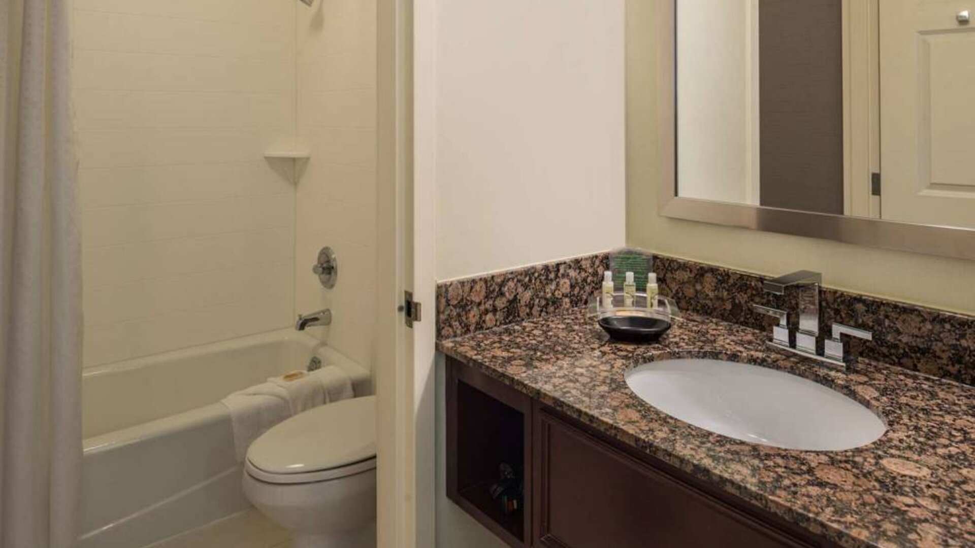Sonesta Chicago O'Hare Airport Rosemont guest bathroom, furnished with shower and bath, lavatory, and sink.
