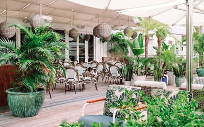 The hotel offers outdoor dining, with an abundance of plant life around the tables for four.