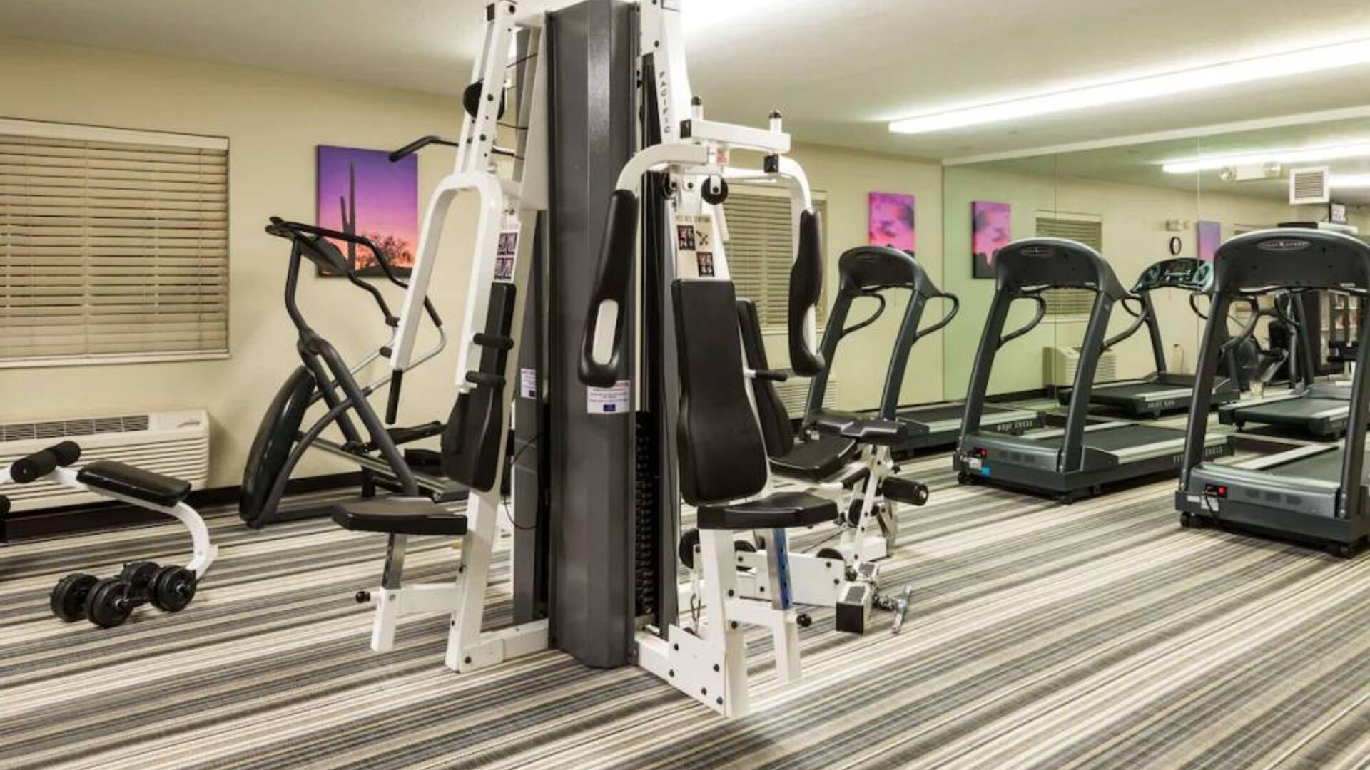 Sonesta Simply Suites Detroit Troy’s fitness center includes free weights, a mirrored wall, and various types of exercise machine.