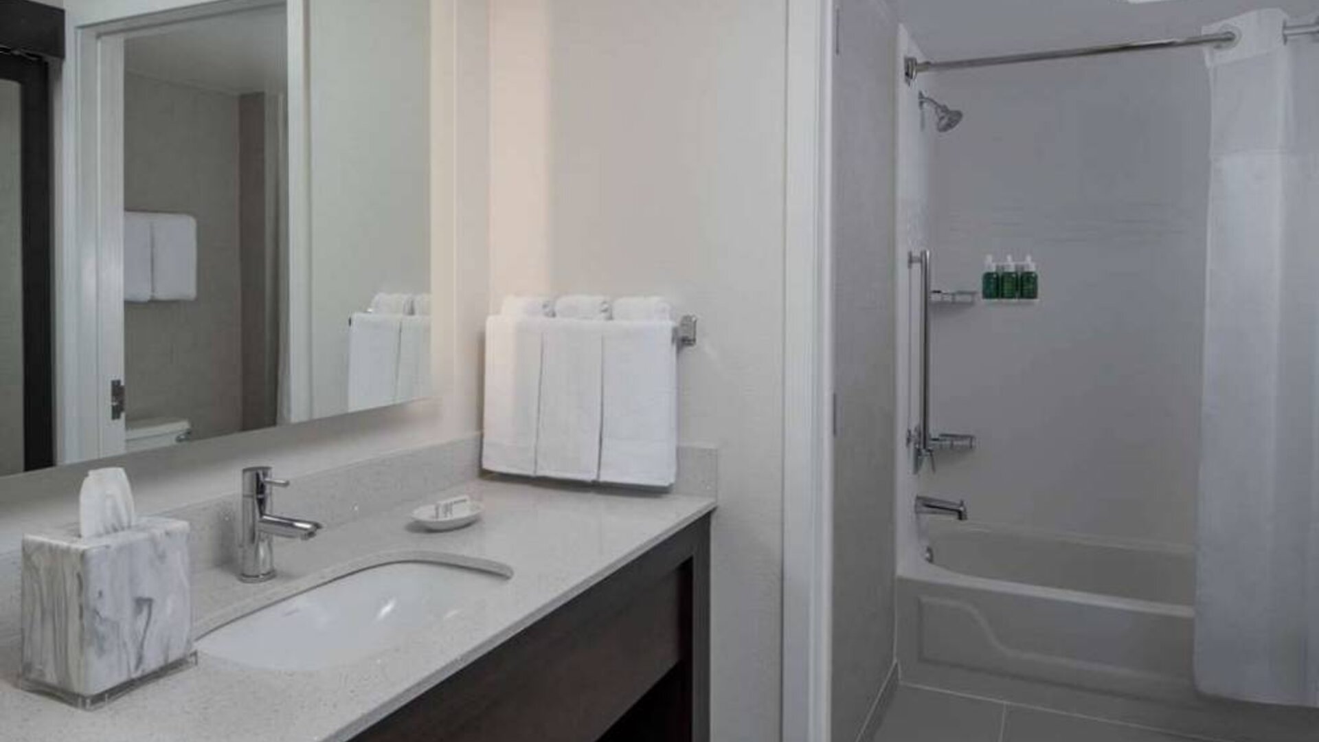 Guest bathroom in Sonesta ES Suites Fairfax Fair Lakes, with shower-equipped bath, mirror, and sink.