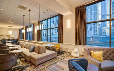 Lounge and coworking space at Homewood Suites By Hilton Chicago-Downtown.