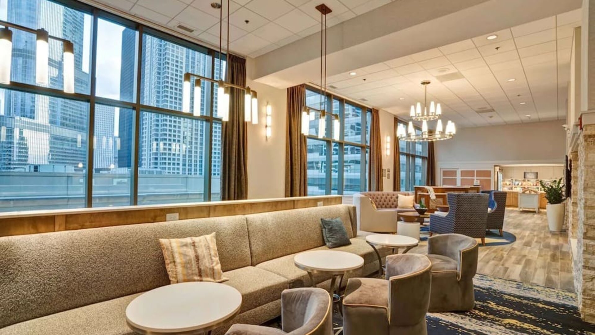 Dining and coworking space at Homewood Suites By Hilton Chicago-Downtown.