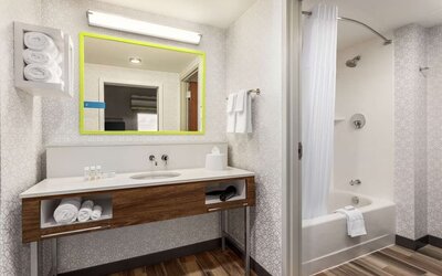 Guest bathroom with shower at Hampton Inn & Suites Miami Kendall. 