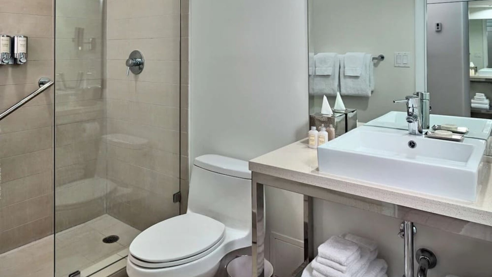 Guest bathroom with shower at Sonesta Fort Lauderdale Beach.