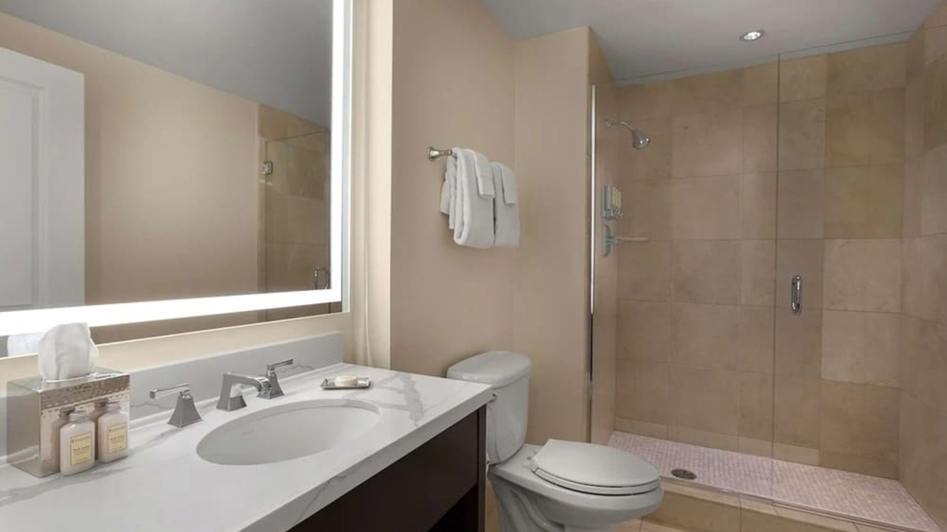 Guest bathroom with shower at The Chase Park Plaza Royal Sonesta St. Louis.