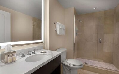Guest bathroom with shower at The Chase Park Plaza Royal Sonesta St. Louis.