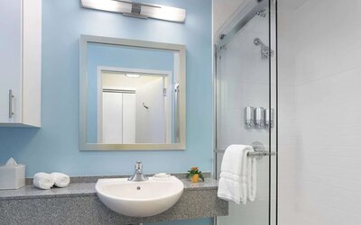 Guest bathroom with shower at Sonesta ES Suites New Orleans.