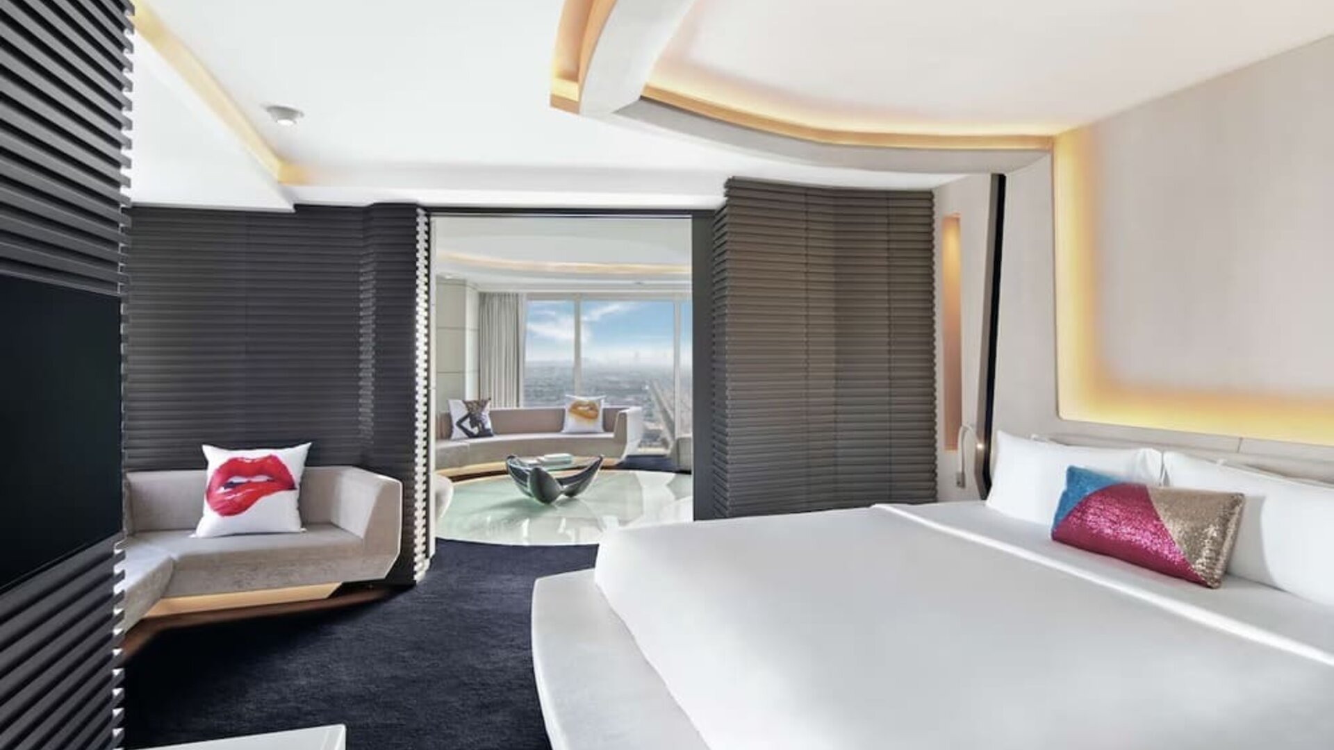 Romantic king room with natural light at V Hotel Dubai.