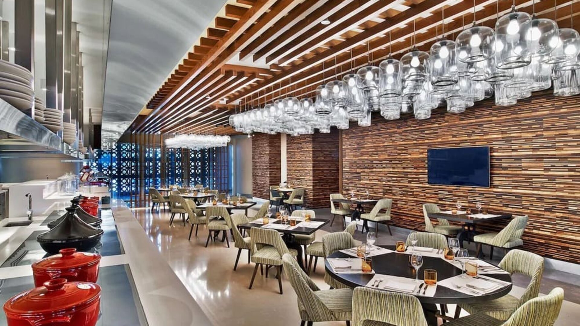 Dining and coworking space at V Hotel Dubai.