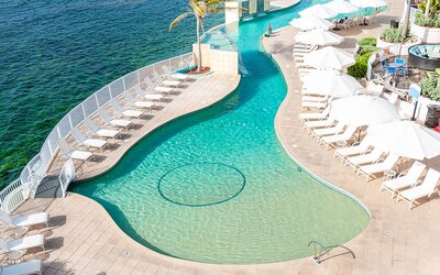 Daytime on the pool deck at Infinity Pool, Oyster Bay Resort in St. Maarten. 