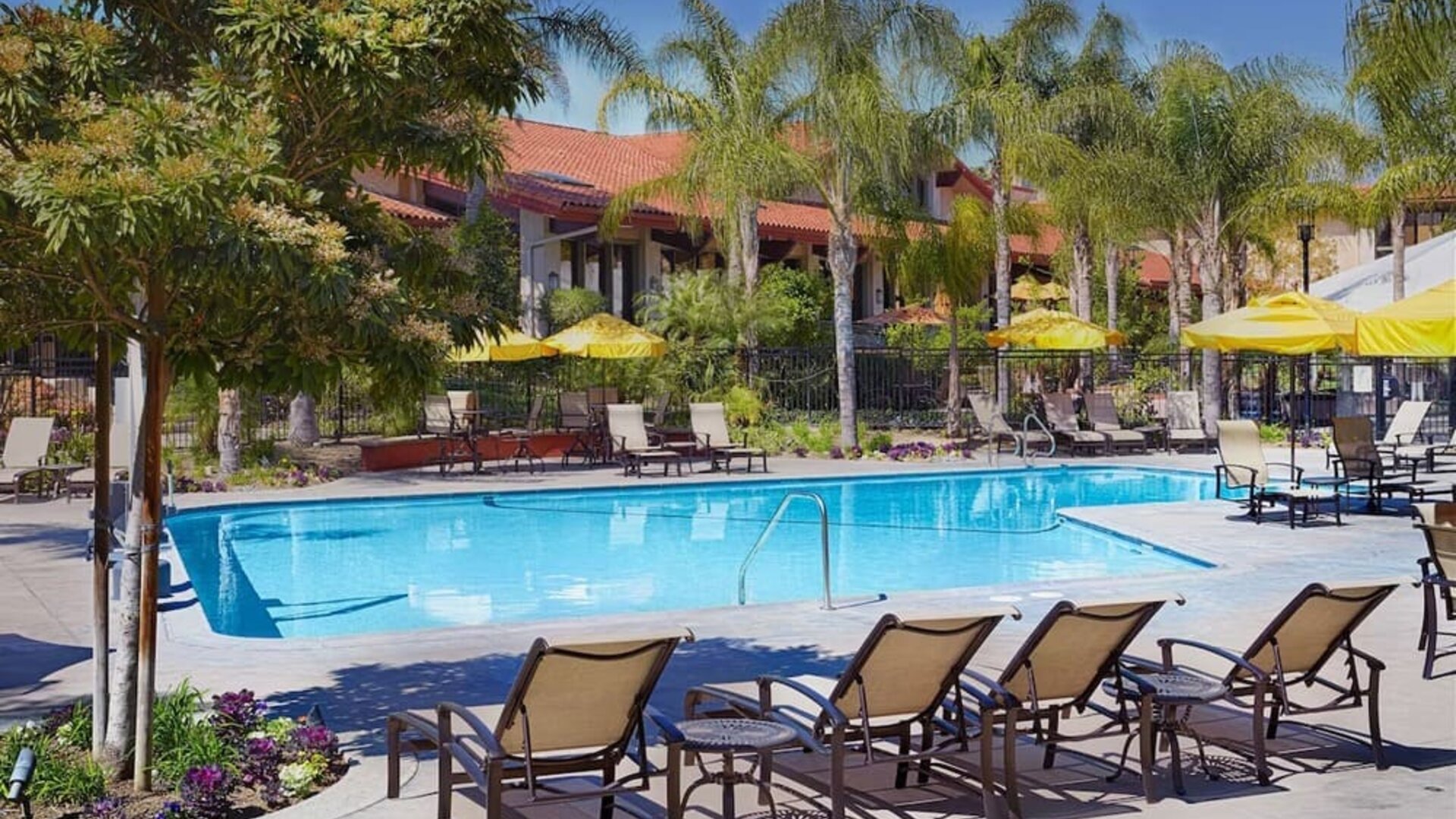 Outdoor pool with pool loungers at DoubleTree By Hilton Ontario Airport.