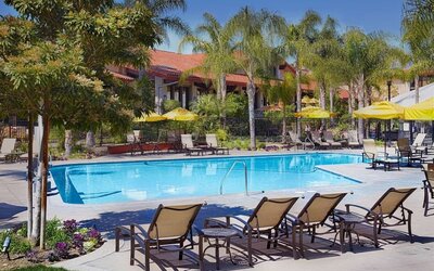 Outdoor pool with pool loungers at DoubleTree By Hilton Ontario Airport.
