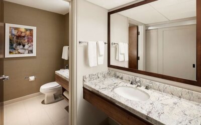 Day room with guest bathroom at DoubleTree By Hilton Ontario Airport.