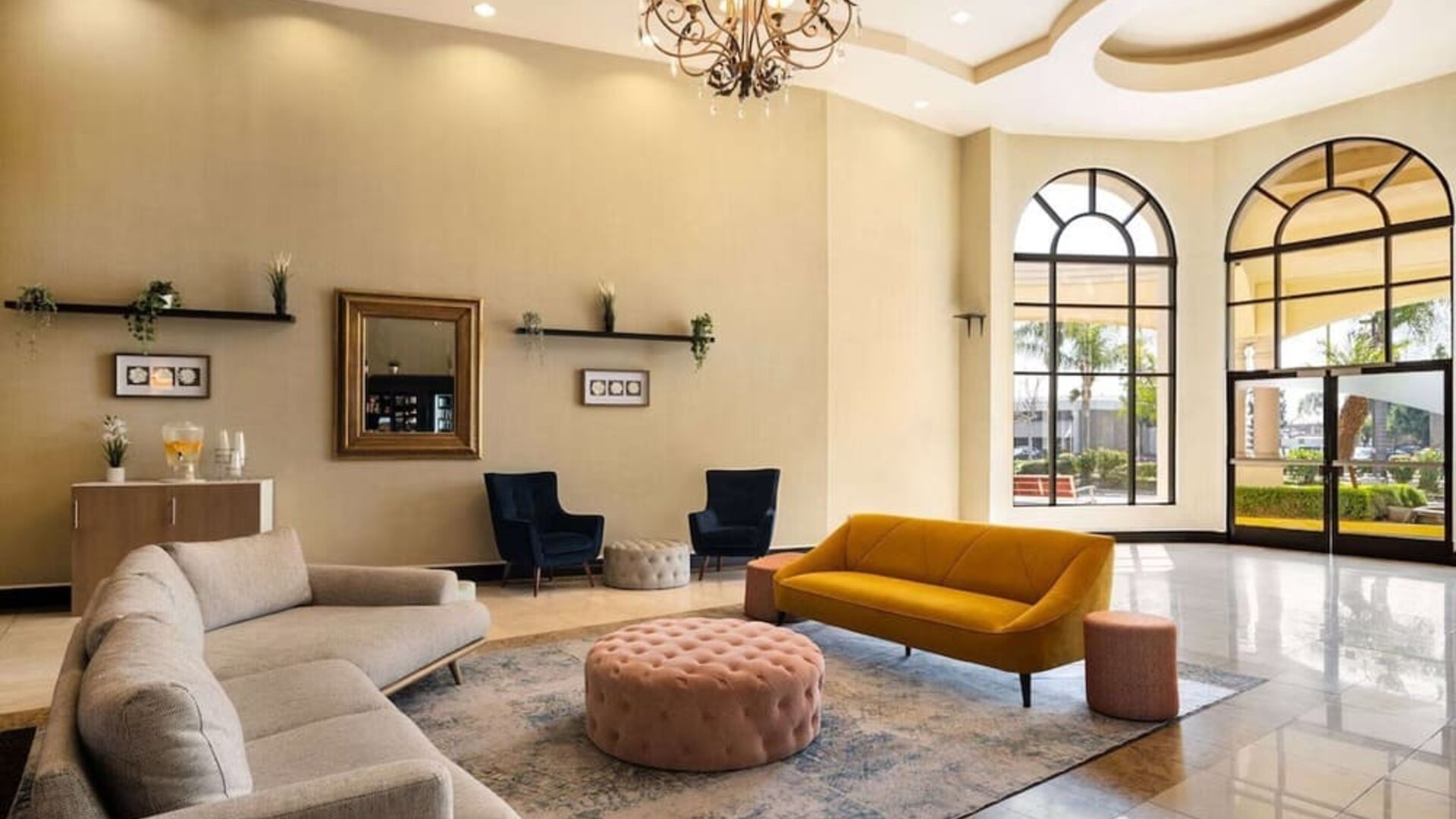 Lobby and coworking space at Hotel Marguerite.