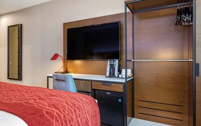 Dayroom amenities include TV, fridge, work desk and coffee machine at Comfort Inn JFK Airport.