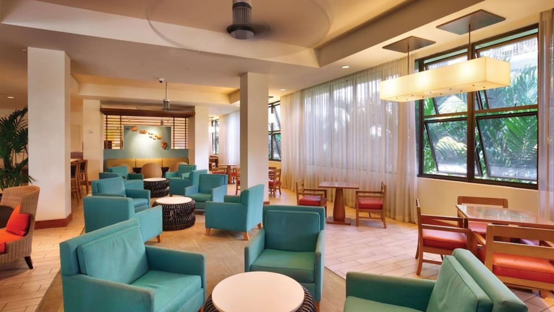 Hotel lounge area at Hyatt Place Waikiki Beach.