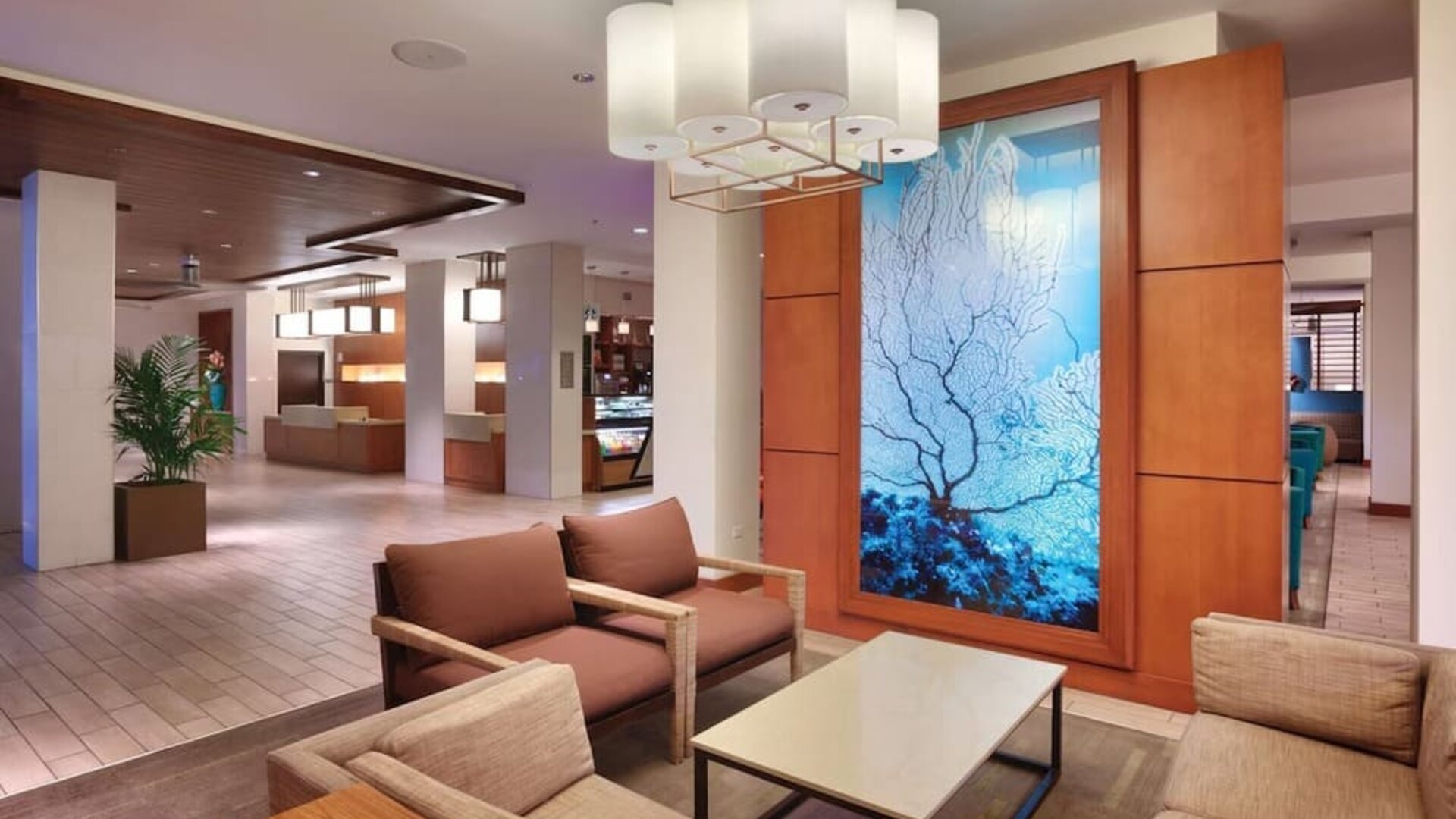 Hotel lobby at Hyatt Place Waikiki Beach.