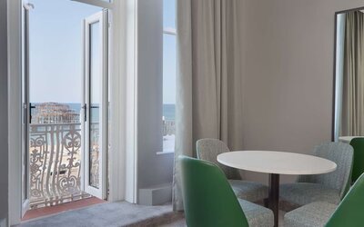 In-room workspace with beautiful view from the balcony at DoubleTree By Hilton Brighton Metropole.