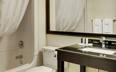 Guest bathroom with shower and tub at Comfort Inn Sherbrooke.