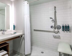 Accessible roll-in shower bathroom featuring safety features, spacious design, and modern amenities for enhanced guest comfort at DoubleTree by Hilton Westborough.