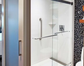 Accessible walk-in shower featuring glass enclosure, safety grab bars, and modern design elements for a comfortable and convenient stay at Hilton Garden Inn Boston/Marlborough.