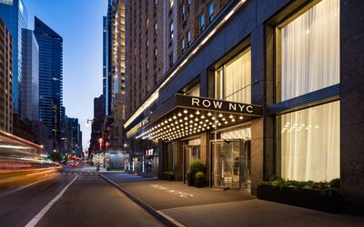 Exterior view of Row NYC showcasing its prime Midtown Manhattan location near iconic attractions, entertainment, and dining destinations.