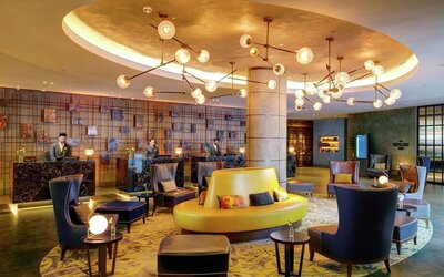 Lobby and coworking lounge at Hilton London Bankside. 