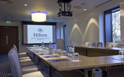 Professional meeting room at Hilton London Heathrow Airport Terminal 5. 