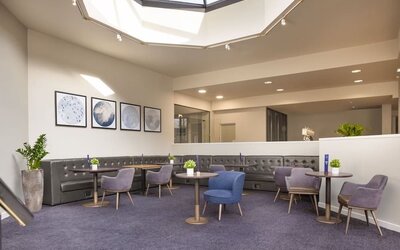 Lobby and coworking lounge at DoubleTree By Hilton Manchester Airport.