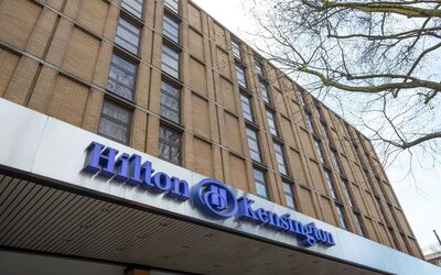 Hotel exterior at Hilton London Kensington.
