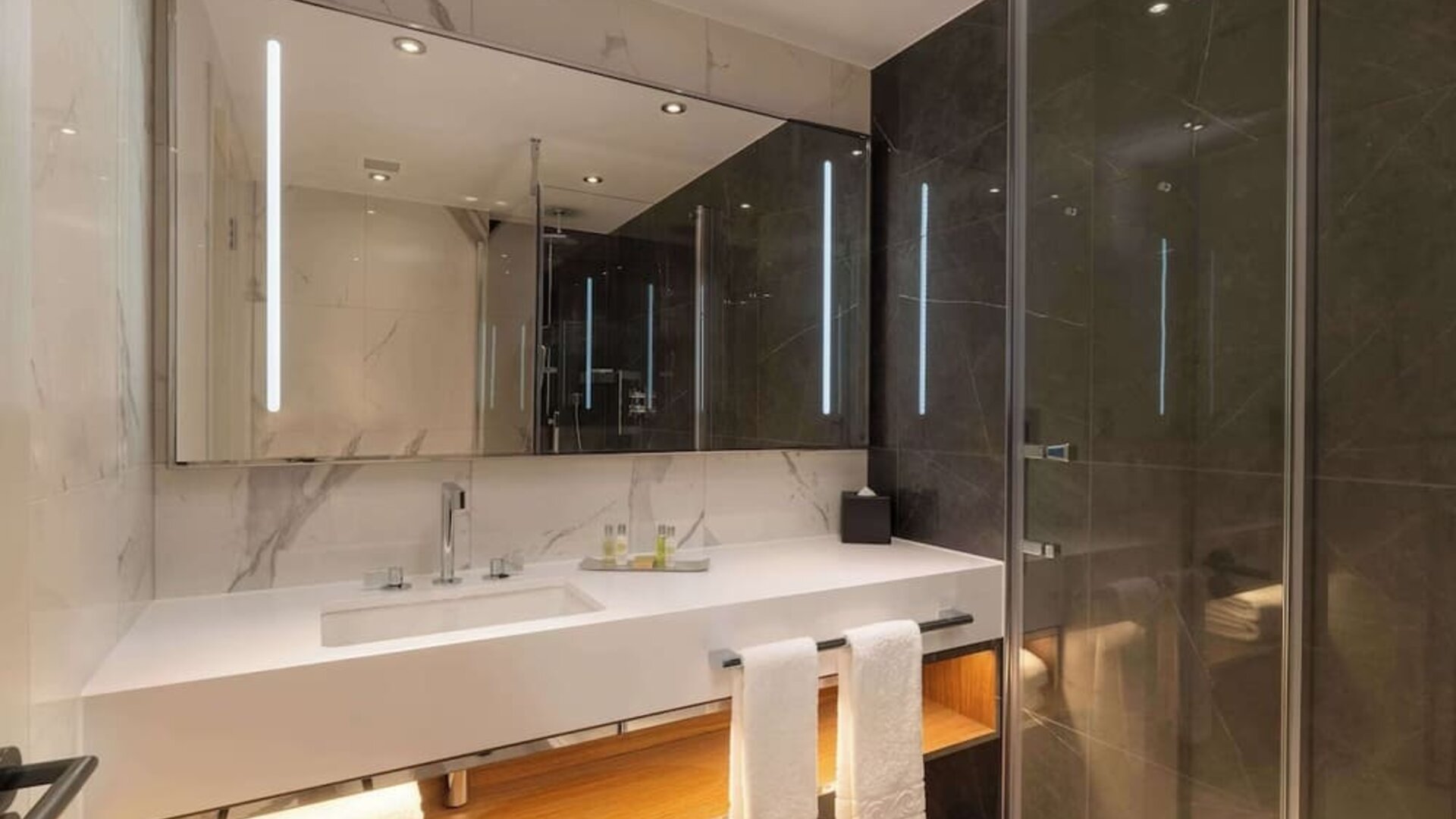 Guest bathroom with shower at Hilton London Metropole. 