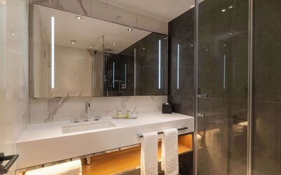 Guest bathroom with shower at Hilton London Metropole. 