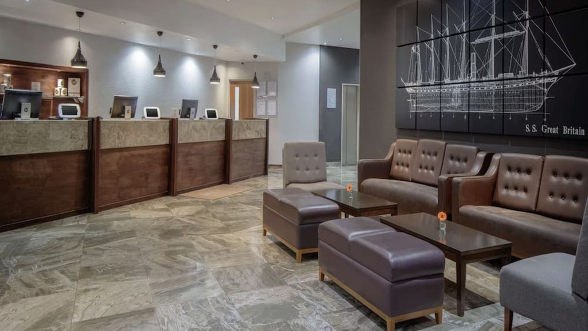 Lobby and coworking lounge at DoubleTree By Hilton Bristol City Centre.  