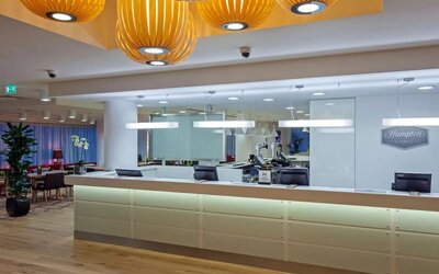 Hotel reception at Hampton By Hilton London Gatwick Airport.