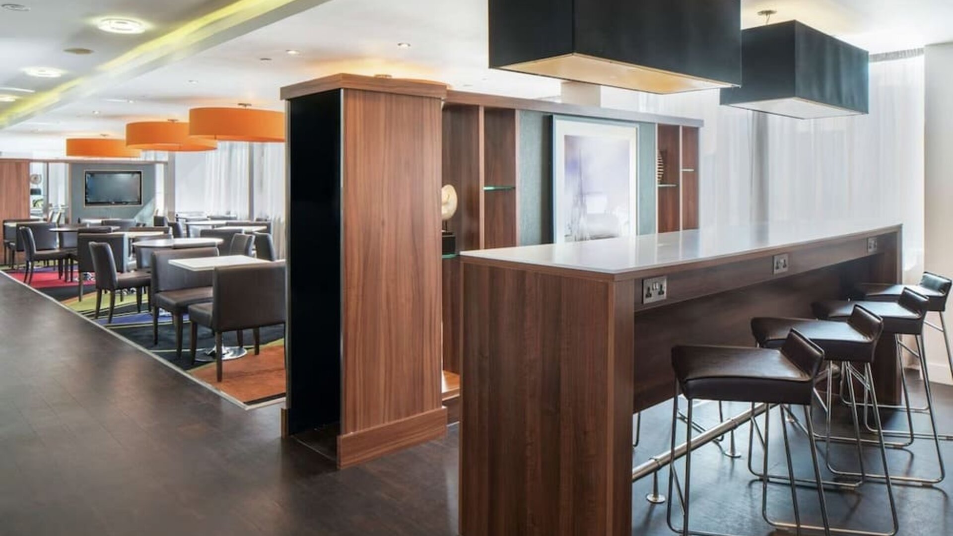 Hotel bar and coworking space at Hampton By Hilton Birmingham Broad Street.