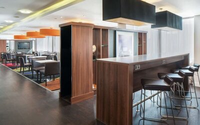 Hotel bar and coworking space at Hampton By Hilton Birmingham Broad Street.