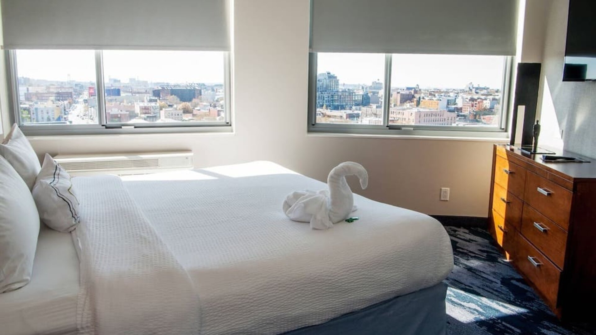 Romantic king room with city views at Fairfield Inn & Suites New York Brooklyn.