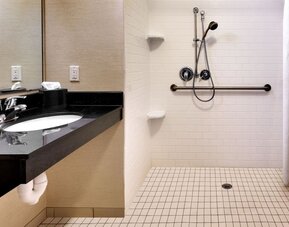 Guest bathroom with shower at Fairfield Inn & Suites By Marriott Tallahassee Central.
