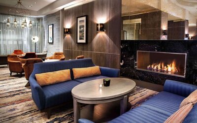 Reception and coworking lounge at Doubletree by Hilton Glasgow Central.