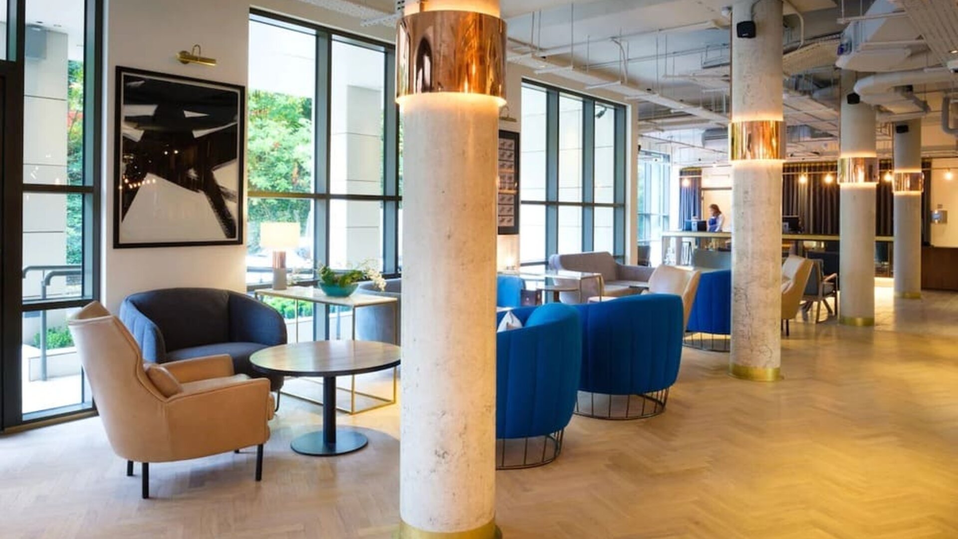 Lobby and coworking lounge at DoubleTree by Hilton London Kingston upon Thames.
