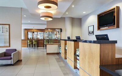 Lobby and coworking lounge at Leonardo Hotel Bradford.
