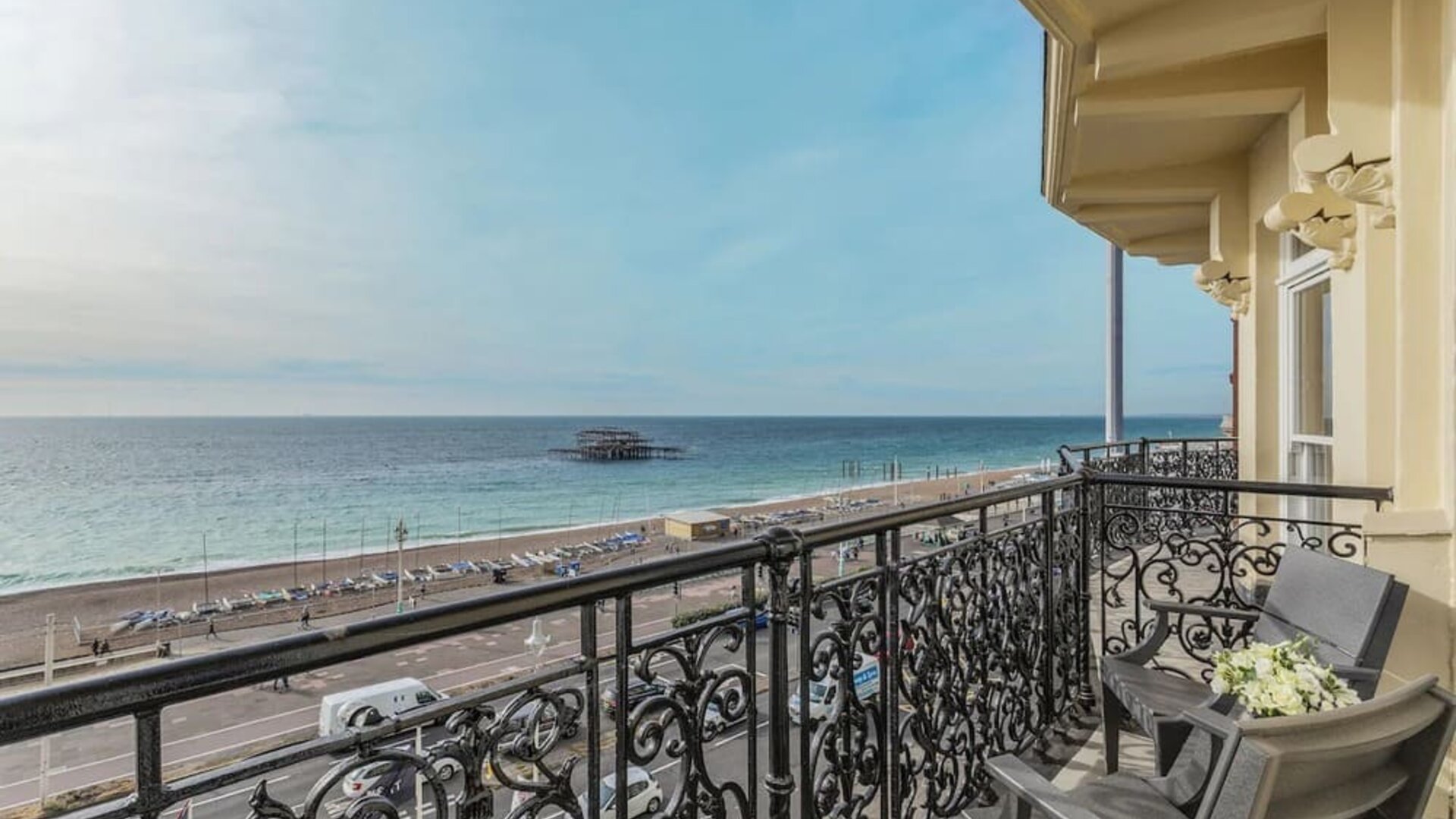 Terrace with beach view at The Grand Brighton. 